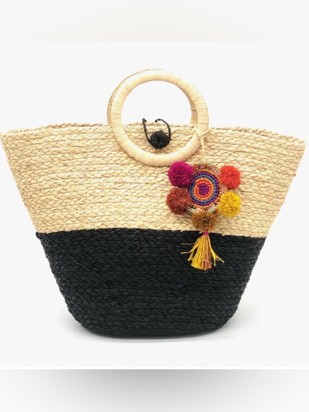 New Shebobo Taylor Two-Tone Straw Tote Bag with Colorful Pom Pom Charm
